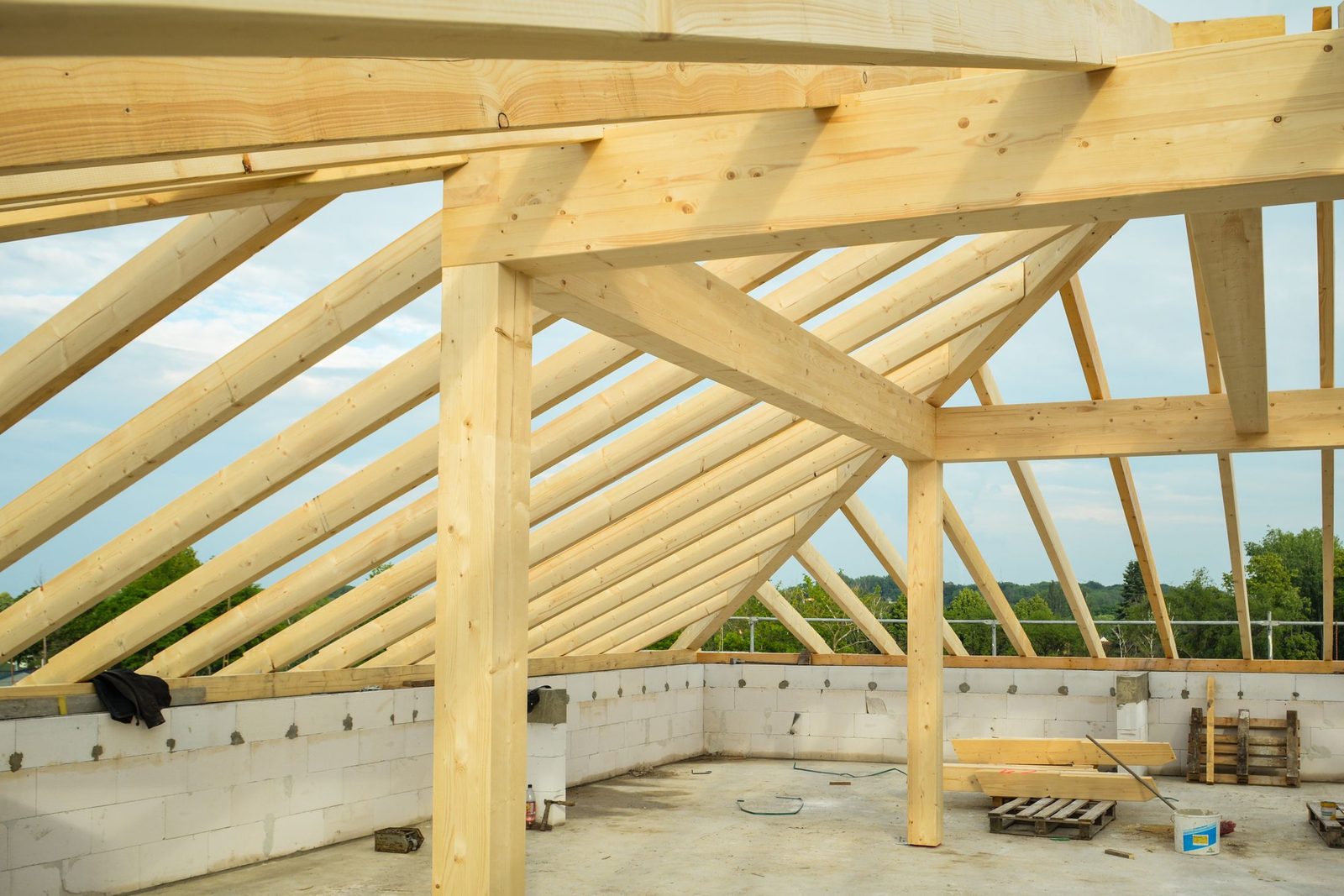 A timber roof structure of rafters and purlins set over a new building, seen from below