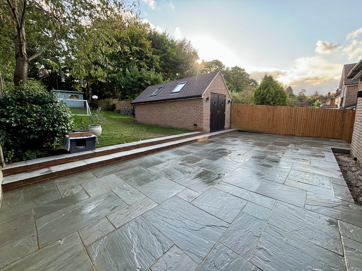 Sandstone Terrace, Steps and Brick Garden Store